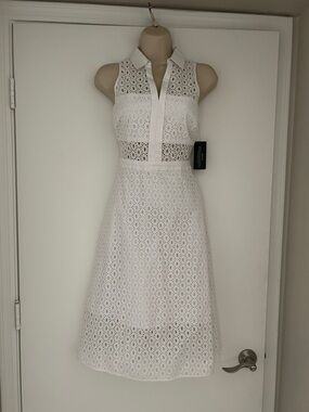 Guess White Eyelet Collared Midi Dress